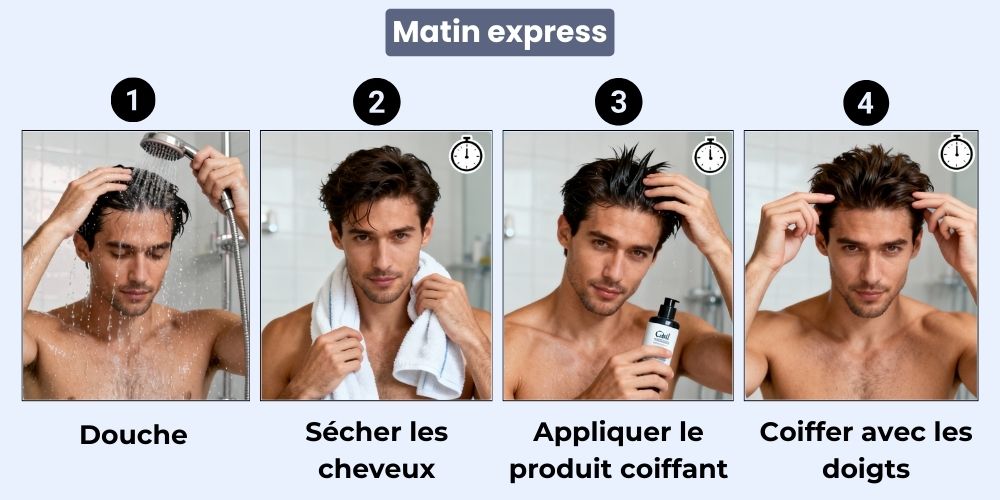 Routine coiffage express homme matin 30 secondes